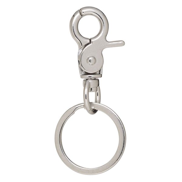 Key ring, imitation rhodium-finished brass and steel, 69.5x30mm overall with 29.5x16.5mm trigger snap on a swivel with 30mm split ring. Sold per pkg of 5. image number 0