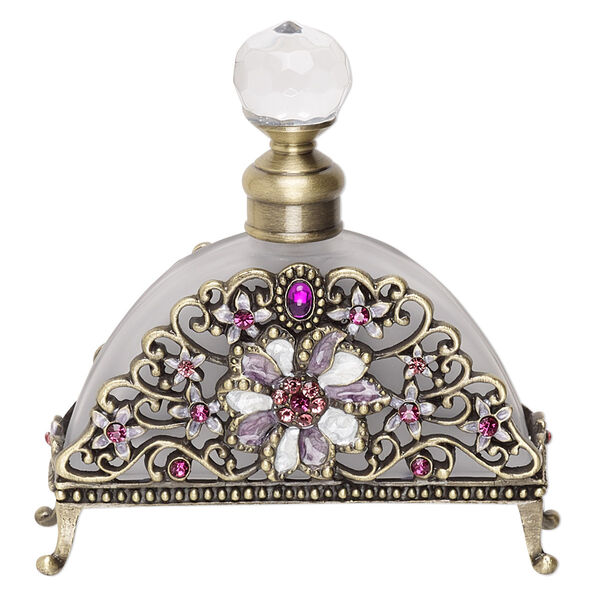 Perfume bottle, glass / frosted glass / enamel / antique brass finished "pewter" (zinc-based alloy), multicolored, 3-1/2 x 3 inches with flower, metal dauber and threaded stopper. Sold individually. image number 0