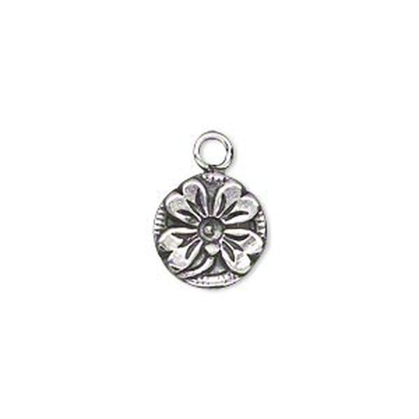 Drop, antiqued sterling silver, 12mm single-sided flat round with 4-leaf clover. Sold individually. image number 0