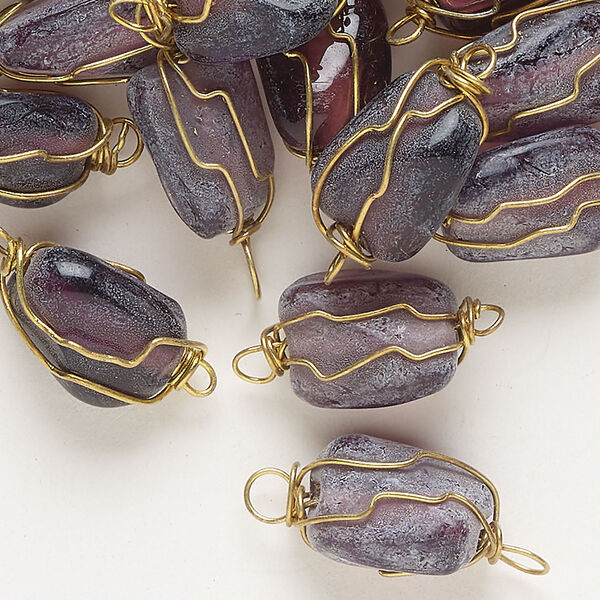 Link, gold-finished brass and glass, translucent purple, 13x10mm-14x11mm wire-wrapped twisted rectangle. Sold per pkg of 45. image number 0