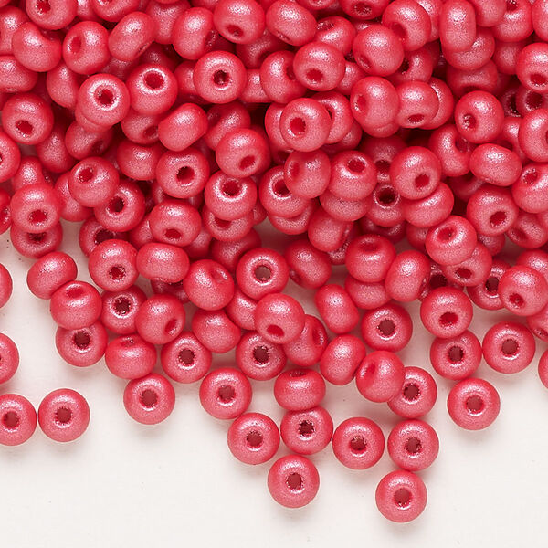 Seed bead, Preciosa Ornela Czech glass, pkg/500g, #6 rocaille, opaque PermaLux dyed red chalkwhite, (22008). image number 0