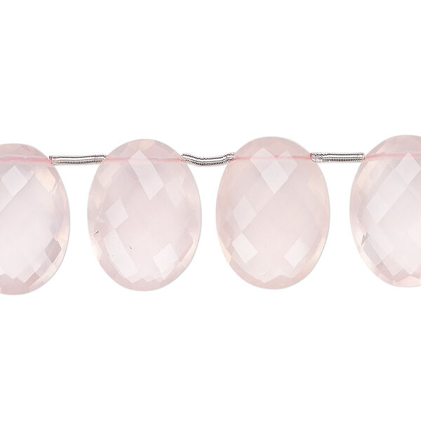 Bead, rose quartz (natural), 14x10mm-16x12mm graduated hand-cut top-drilled faceted puffed oval, B+ grade, Mohs hardness 7. Sold per pkg of 9 beads. image number 0