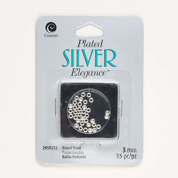 Bead, silver-finished brass, 3mm round. Sold per pkg of 35. image number 0