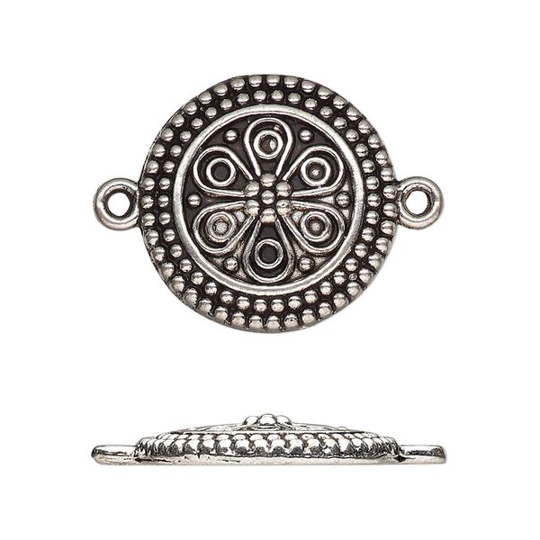 Link, antique silver-finished "pewter" (zinc-based alloy), 21.5mm single-sided domed round with flower. Sold per pkg of 10. image number 0