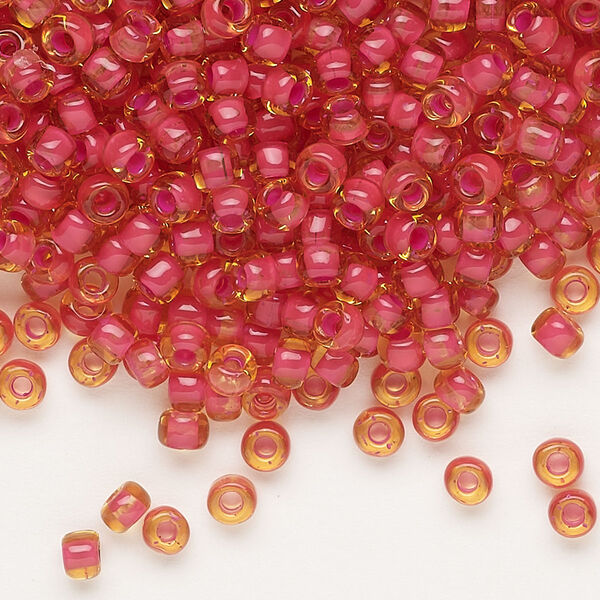 Seed bead, Dyna-Mites™, glass, translucent inside color fuchsia, #6 round. Sold per 40-gram pkg. image number 0
