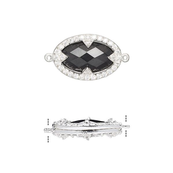 Link, black onyx (dyed) / cubic zirconia / sterling silver, clear, 18x12mm double-sided faceted oval. Sold individually. image number 0
