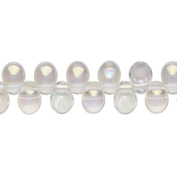 Bead, pressed glass, translucent clear AB, 8 x 6mm concave-back teardrop, top-drilled. Sold per 8-inch strand, approximately 55 beads. image number 0