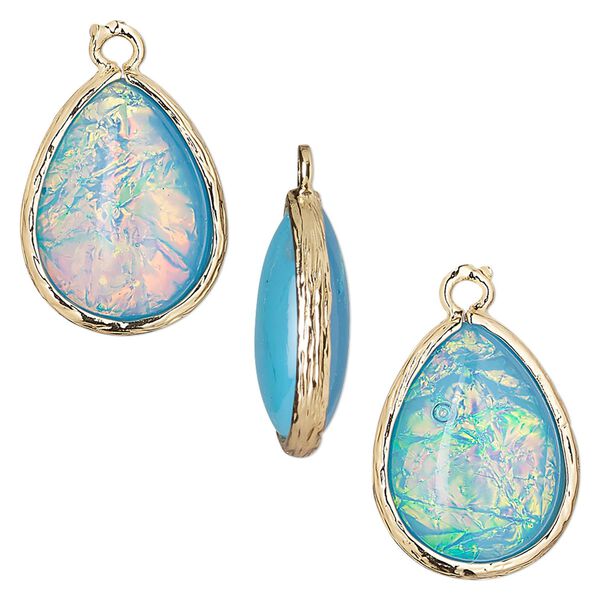 Drop, Opalized Ice™, "opal" (resin) and gold-finished brass, light blue, 19.5x15mm double-sided teardrop. Sold per pkg of 4. image number 0