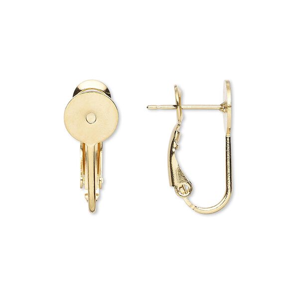 Earring, gold-plated brass, 18.5mm hinged with 8mm round flat pad and post. Sold per pkg of 5 pairs. image number 0
