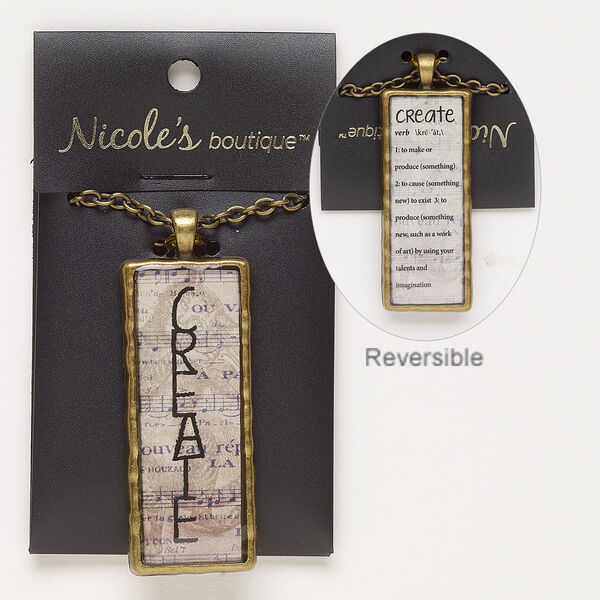Necklace, glass / antique brass-finished "pewter" (zinc-based alloy) / steel, brown / tan / black, 56x23mm two-sided rectangle with musical note sheet design / "CREATE" / definition of create, 24 inches with lobster claw clasp. Sold individually. image number 0