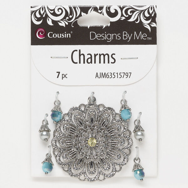 Focal and drop, antique silver-finished "pewter" (zinc-based alloy) / glass / acrylic, blue and grey, 45mm fancy flower and (6) 9x6mm round. Sold per pkg of 7. image number 0