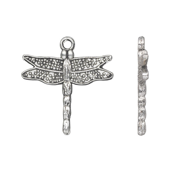 Charm, antique silver-plated "pewter" (zinc-based alloy), 24x22mm single-sided dragonfly. Sold per pkg of 10. image number 0