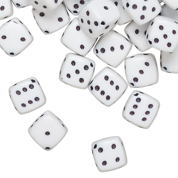 Bead, acrylic, opaque white and black, 8.5mm diagonally drilled six-sided dice, approximately 10mm stringing length. Sold per pkg of 100. image number 0