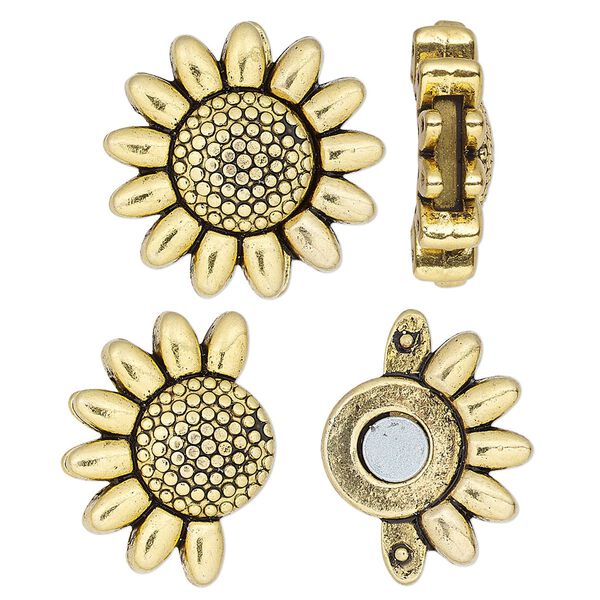 Clasp, magnetic, antique gold-finished "pewter" (zinc-based alloy), 23mm sunflower with glue-in ends, 9x2mm inside diameter. Sold individually. image number 0