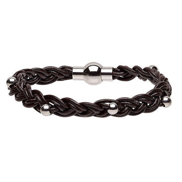 Bracelet, leather (dyed) and stainless steel, dark brown, 11mm wide with 5mm round and woven design, 7 inches with magnetic clasp. Sold individually. image number 0