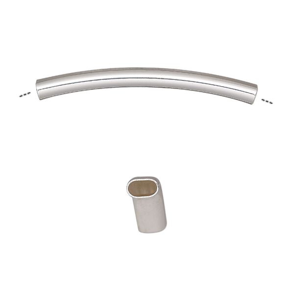 Bead, silver-finished brass, 34x5mm curved oval tube. Sold per pkg of 6. image number 0