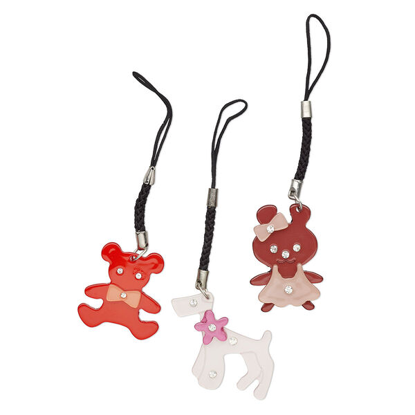 Zipper pull, chrome-finished steel / acrylic / nylon / glass rhinestone, multicolored, 31x29mm single-sided bear, 38x26mm single-sided bunny and 42x33mm single-sided poodle. Sold per pkg of 3. image number 0
