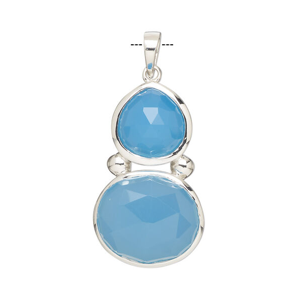 Pendant, Create Compliments®, sterling silver and chalcedony (dyed), blue, 27x16mm single-sided freeform, Mohs hardness 6-1/2 to 7. Sold individually. image number 0