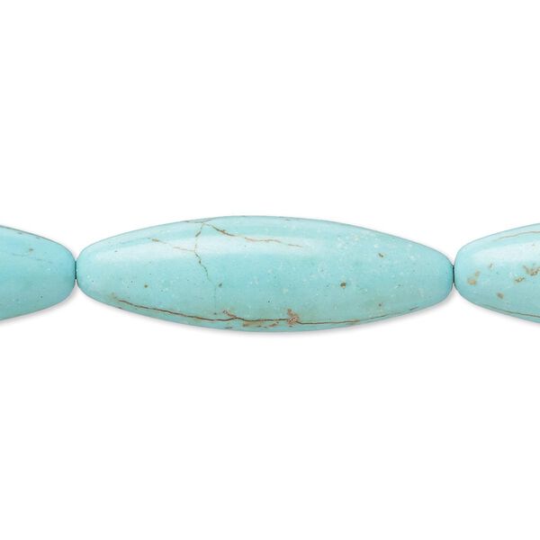 Bead, magnesite (dyed / stabilized), blue-green, 29x9mm-31x11mm oval, B- grade, Mohs hardness 3-1/2 to 4. Sold per 8-inch strand. image number 0