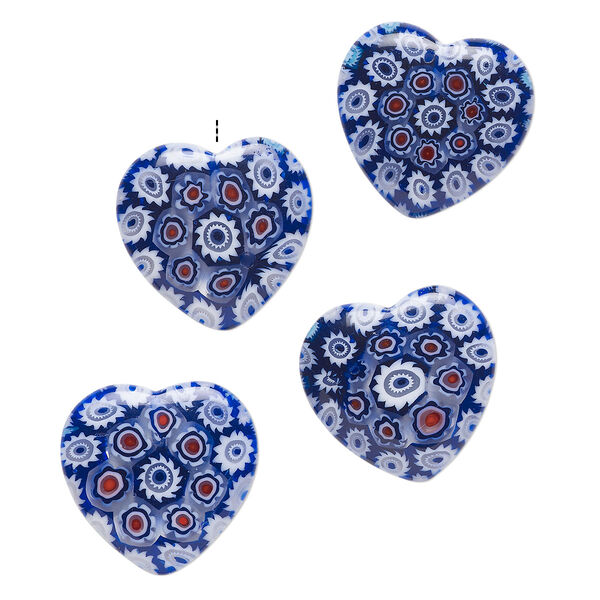 Bead, millefiori glass, translucent multicolored, 18-20mm half-drilled puffed heart with flower design. Sold per pkg of 4. image number 0