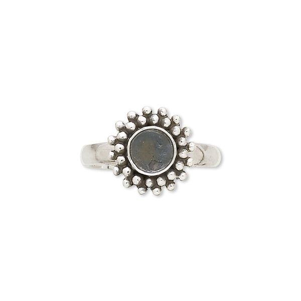 Ring, antiqued sterling silver, 3mm wide with beaded rim and 6mm round glue-in setting, size 7. Sold individually. image number 0
