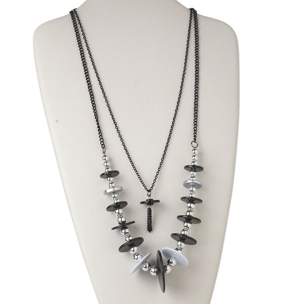 Necklace, acrylic and steel, white / silver / black, 20-44mm graduated flat round, 27-inch continuous loop. Sold individually. image number 0