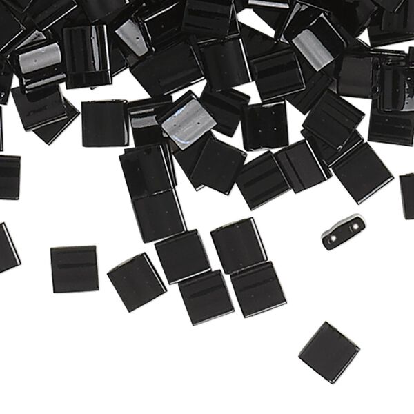Bead, Miyuki, TILA®, glass, opaque black, (TL401), 5mm square with (2) 0.8mm holes, fits up to 3mm beads. Sold per 10-gram pkg. image number 0