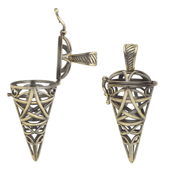 Focal, antique brass-finished brass, 43x22mm cone bead cage with cutout star design and safety latch, fits up to 12-18mm bead. Sold individually. image number 0