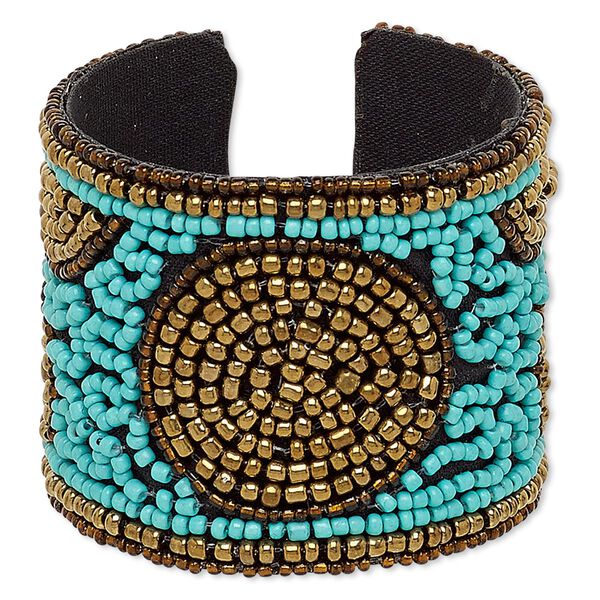 Bracelet, cuff, cotton / glass / steel, antique gold / turquoise blue / multicolored, 52mm wide with circle design, adjustable from 6-1/2 to 7 inches. Sold individually. image number 0