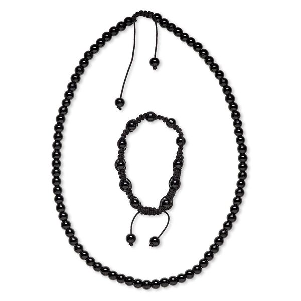 Black obsidian / nylon 1pkg2 , round bracelet / necklace natural 7 -10 inch / 22-25 inch / adjustable macramé clasp 7-8mm image number 0