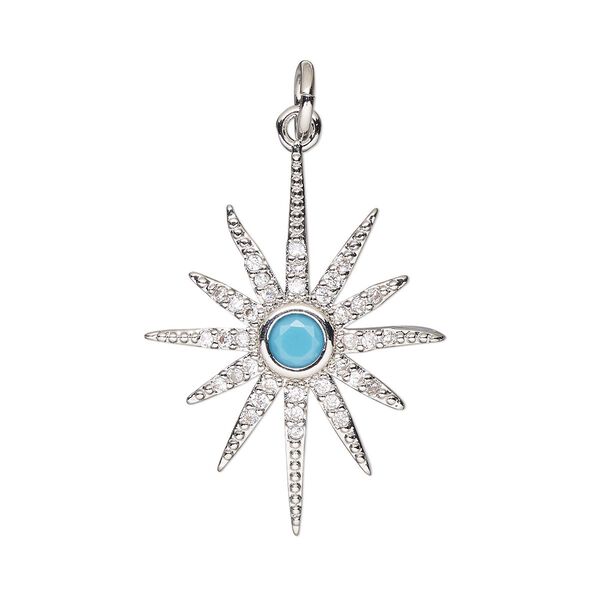 Charm, cubic zirconia and silver-finished brass, turquoise blue and clear, 24x19mm single-sided star with 5mm open jump ring. Sold individually. image number 0
