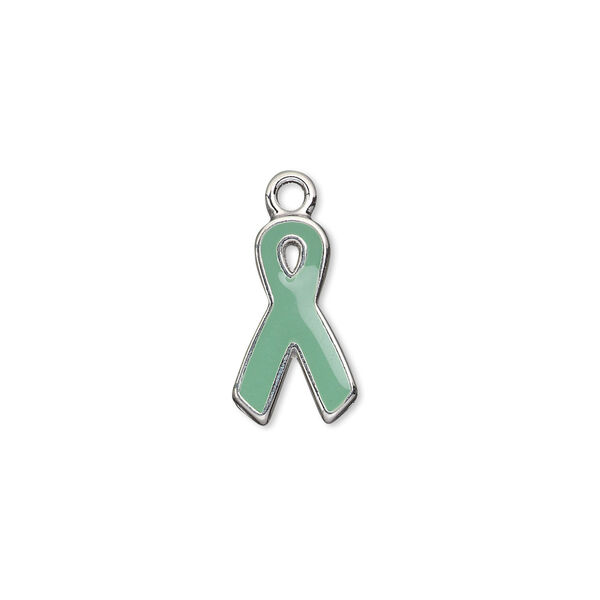 Charm, silver-plated aluminum and epoxy, teal, 15x9mm single-sided awareness ribbon. Sold per pkg of 6. image number 0