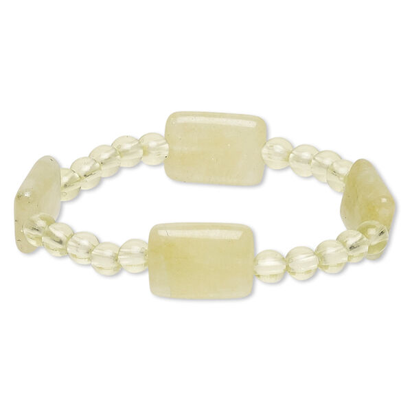 Bracelet, stretch, quartz (dyed) and acrylic, yellow-green, 5-6mm round and 18x13mm puffed rectangle, 6-1/2 inches. Sold individually. image number 0