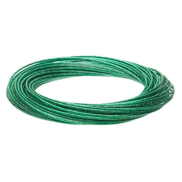 Bracelet, bangle, painted steel, metallic lime green, 12mm wide with (40) interlocking textured bands, 8 inches. Sold individually. image number 0