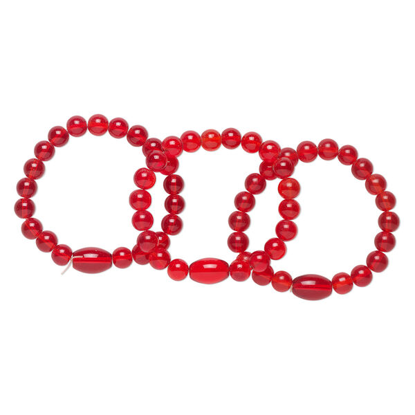 Bracelet, stretch, glass, red, 7-8 inches wearable length. Sold per pkg of 3. image number 0