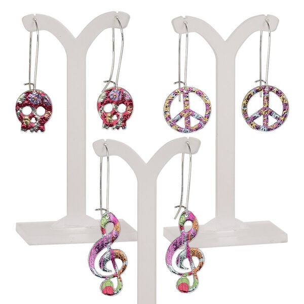 Earring mix, mylar / imitation rhodium-plated steel / "pewter" (zinc-based alloy), multicolored, 2-1/4 to 2-3/4 inches with peace sign / skull / music note and kidney ear wire. Sold per pkg of 3 pairs. image number 0