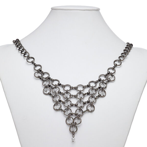 Necklace, glass with gunmetal-plated steel and "pewter" (zinc-based alloy), clear, 24 inches with 1-1/2 inch extender chain and lobster claw clasp. Sold individually. image number 0