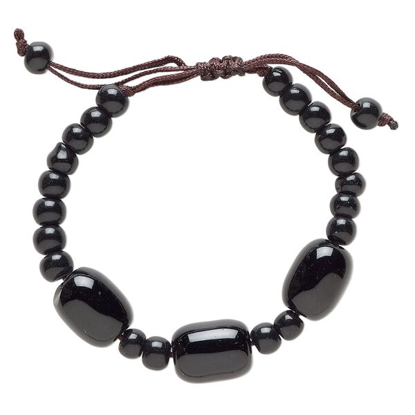Black agate / glass / waxed cotton 1pkg1, barrel bracelet adjustable 5-7.5 inch 12mm image number 0