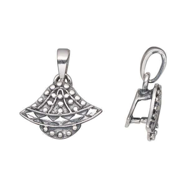 Bail, ice-pick, antiqued sterling silver, 16.5x11.5mm single-sided beaded fan, 4.5mm grip length. Sold individually. image number 0