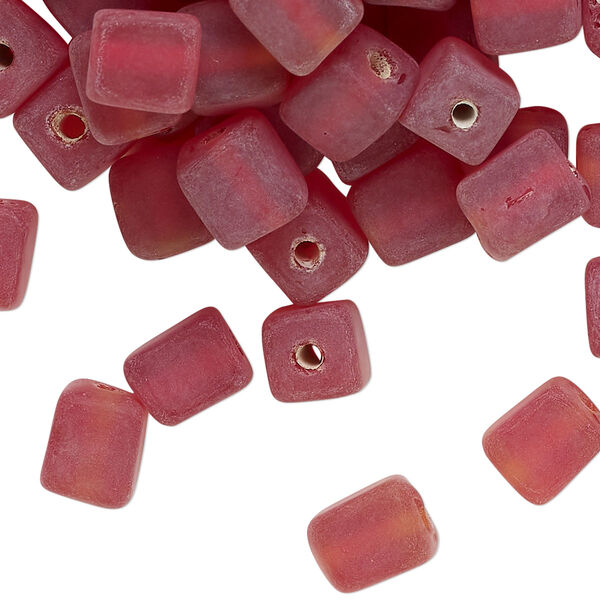 Bead, lampworked glass, translucent red, 8mm cube. Sold per 4-ounce pkg, approximately 135 beads. image number 0