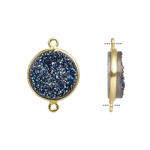 Link, titanium- / electro-coated druzy agate (coated) / gold-finished sterling silver, cobalt, 15mm hand-cut single-sided flat round. Sold individually. image number 0