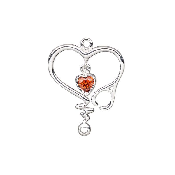 Drop, sterling silver and cubic zirconia, red, 23.5mmx19mm single-sided heart with stethoscope and heartbeat design and closed loop. Sold individually. image number 0