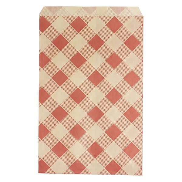 Bag, paper, brown and red, 9x6 inch rectangle with plaid-print and scalloped top edge. Sold per pkg of 100. image number 0