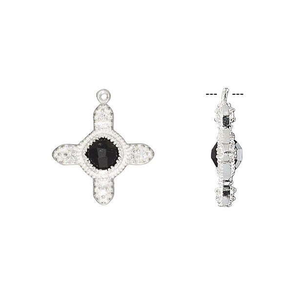 Drop, black onyx (dyed) / cubic zirconia / sterling silver, clear, 15mm double-sided cross. Sold individually. image number 0