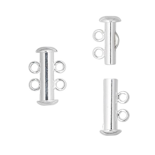 Clasp, 2-strand slide lock, silver-plated brass, 16x6mm tube. Sold per pkg of 10. image number 0
