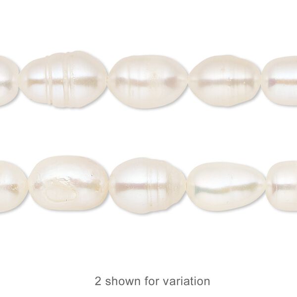 Pearl, cultured freshwater (bleached), white, 7-9mm rice, D grade, Mohs hardness 2-1/2 to 4. Sold per 15-inch strand. image number 0