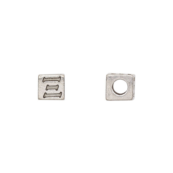Bead, antiqued pewter (tin-based alloy), 7mm cube with Greek letter, XI. Sold per pkg of 4. image number 0