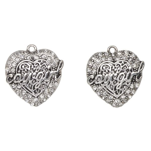 Charm, antique silver-finished "pewter" (zinc-based alloy) and glass, clear, 23mm heart with "Cowgirl". Sold per pkg of 2. image number 0
