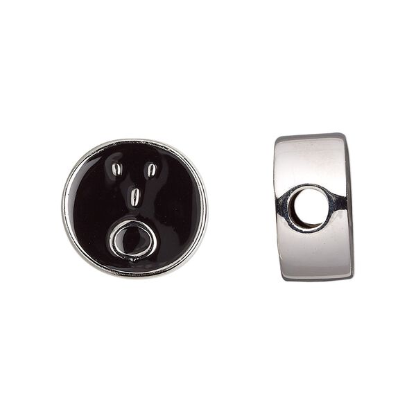 Bead, Dione®, enamel and silver-finished "pewter" (zinc-based alloy), black, 16mm double-sided flat round with surprised emoticon face and 4mm hole. Sold individually. image number 0