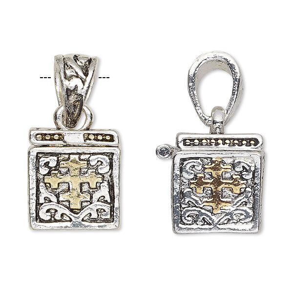 Drop, antique silver- and gold-finished "pewter" (zinc-based alloy), 16x13mm cube prayer box with cross and swirl design with magnetic closure. Sold individually. image number 0